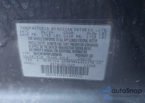 2015 Nissan Versa 1.6 S/1.6 S+/1.6 Sl/1.6 Sv z USA, uszkodzony, nr VIN 3N1CN7AP8FL825415